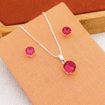 Conjunto Bolinha Rosa Rubi – Banhado a Prata (cód. 33-K)