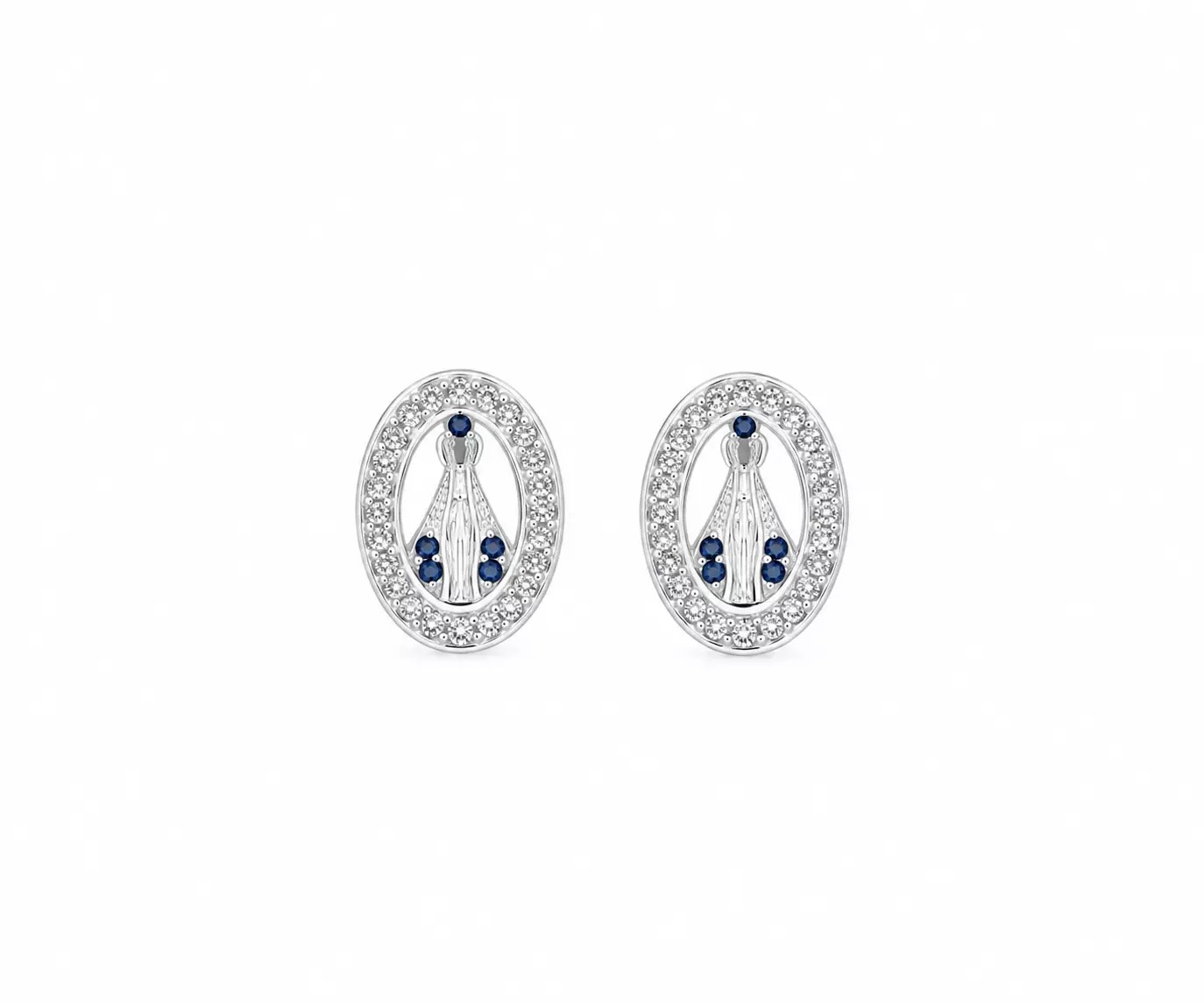 Brinco oval Nossa Senhora azul - Prata cod401