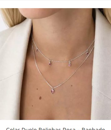 Colar Duplo Bolinhas Rosa – Banhado a Prata (cód. 39-K)