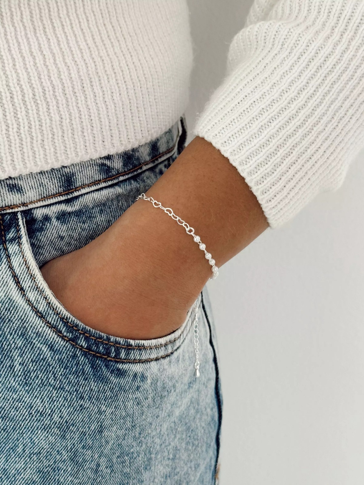 Pulseira pérola com elos de corações - Prata cod2167